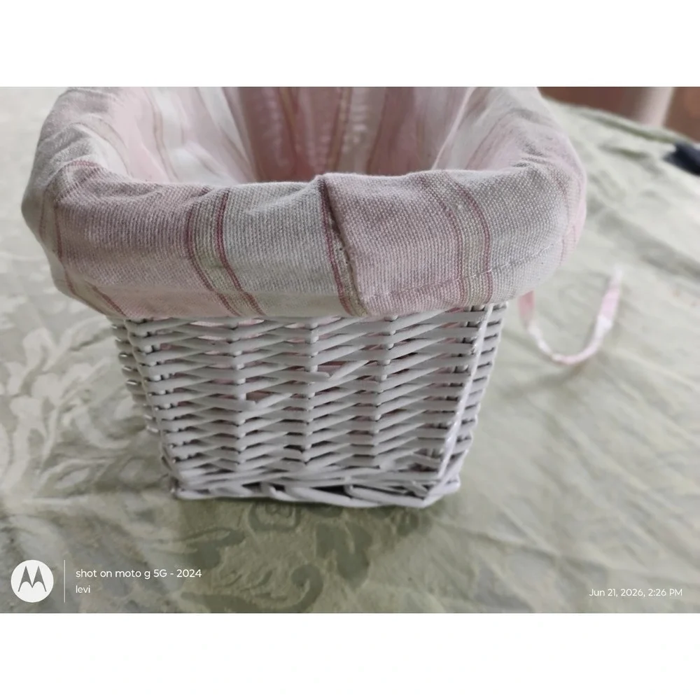 White Wicker Storage Basket Pink Striped Fabric Lining Rectangular Handcrafted